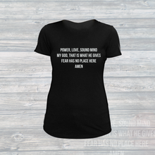 Load image into Gallery viewer, Womens Stamped 2 Timothy 1:7 Swoop T-Shirt