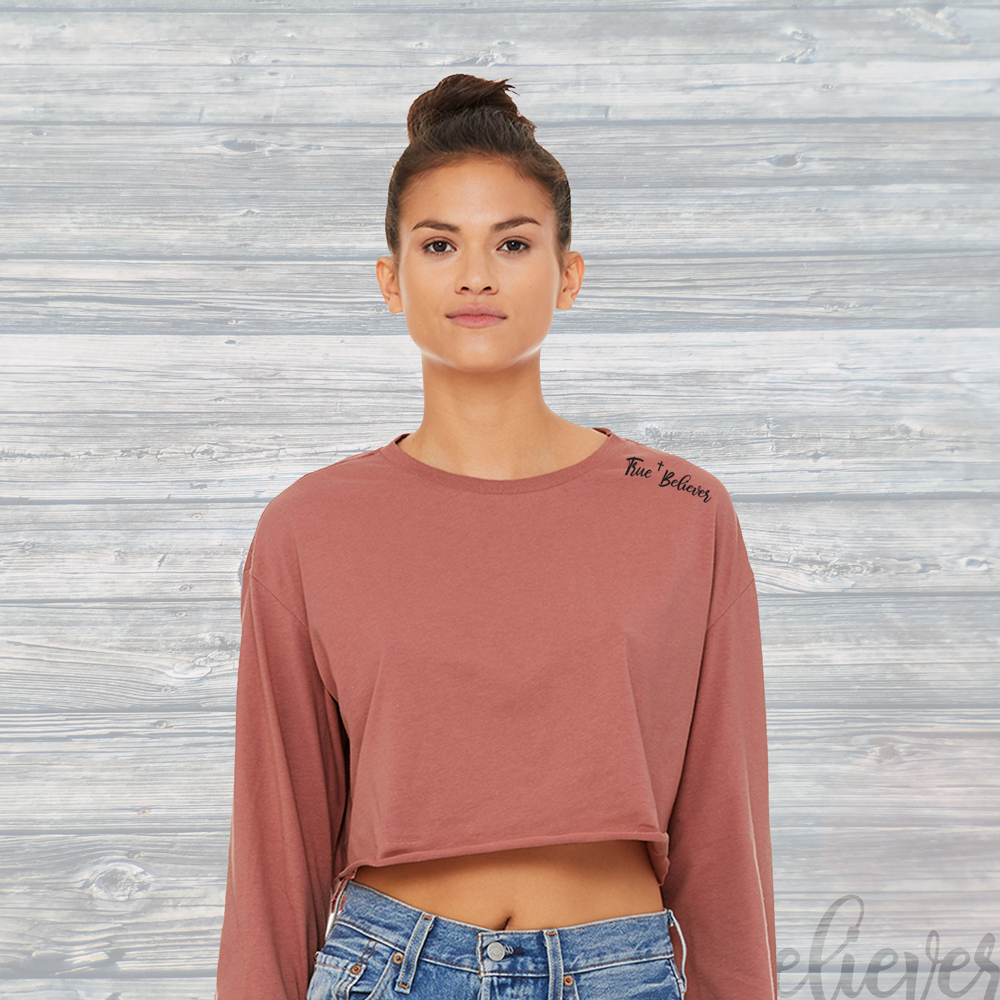 Womens True Believer Long Sleeve Rew Hem Crop Top Mauve